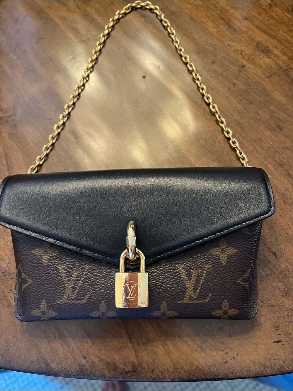 Louis Vuitton Black Leather & Brown Monogram Padlock Chain Crossbody